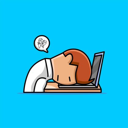 睡眠可爱的员工睡在笔记本电脑键盘卡通工作睡眠笔记本电脑疲倦