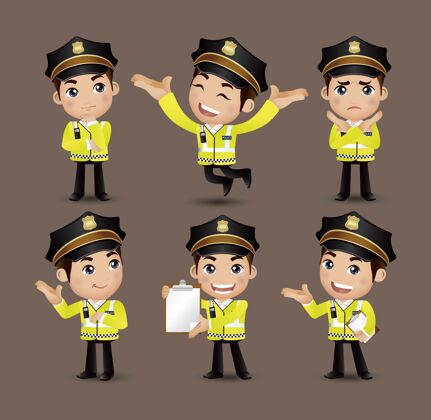 警察职业-不同姿势的警察肖像犯罪制服