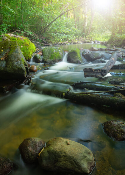 溪流长时间的曝光丝般的水流流经山岩在树林里瀑布自然树