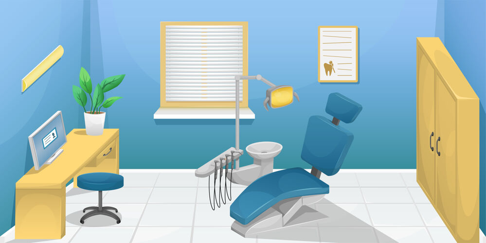 设备牙医办公室的插图和牙科椅的插图正畸患者插图