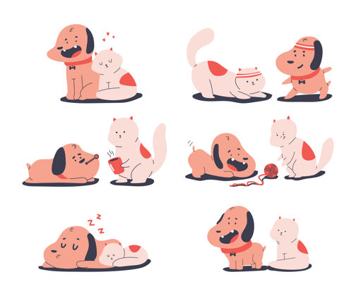 宠物快乐可爱的猫狗朋友一起卡通搞笑的动物集隔离在一起狗动物