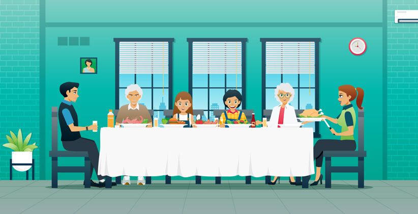 女儿一家人坐在一起和爷爷奶奶一起吃桌子上的食物桌子吃女孩