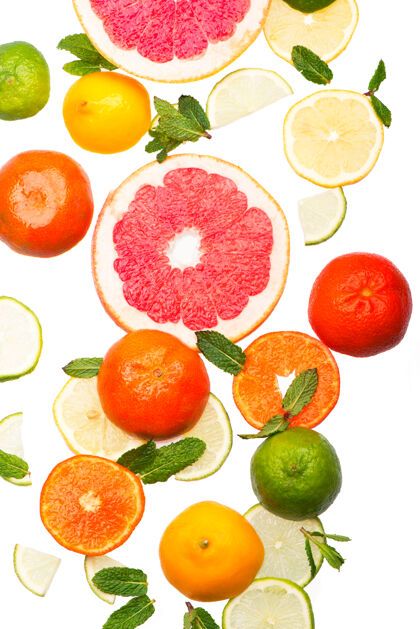 果汁柑橘背景新鲜柑橘类水果-柠檬 橙子 酸橙 葡萄柚的白色背景酸橘子自然