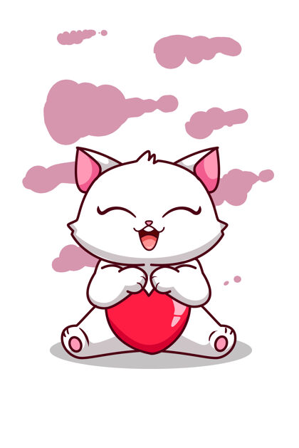 情人节快乐和美丽的猫与一个大心脏卡通插图人物可爱动物