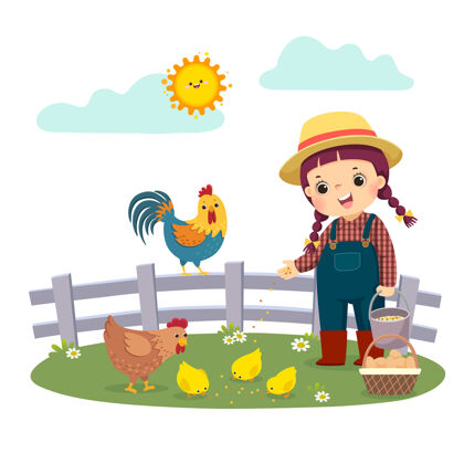 卡通小女孩农夫喂她的鸡的卡通农业公鸡宠物