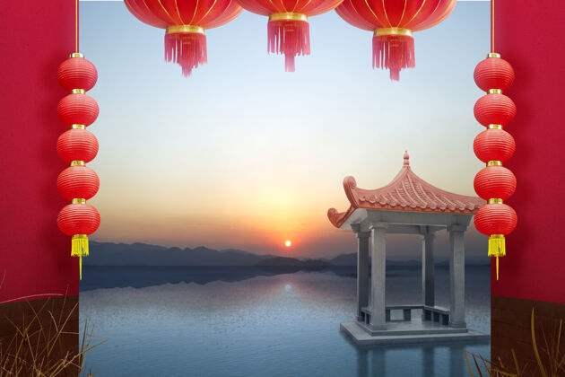 中国湖边挂灯笼的凉亭湖泊景观建筑