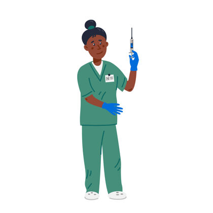 冠状病毒护士-非洲裔美国护士拿着注射器 穿着绿色的抹布人医院白对白