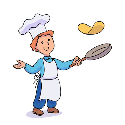 帽子小男孩在煎锅里扔煎饼孩子微笑人物