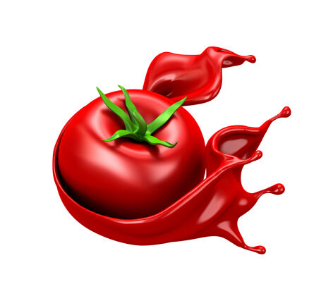 沙司美丽的红色背景与孤立的番茄和飞溅的果汁 番茄酱 番茄酱 酱汁三维插图 三维渲染植物番茄三维