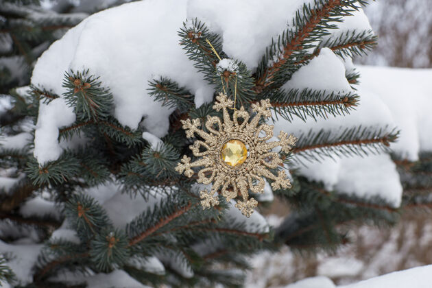 冷杉金色的雪花挂在云杉枝上户外冬天雪