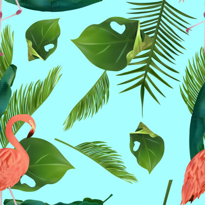鸟热带树叶和火烈鸟的无缝图案叶异国情调热带
