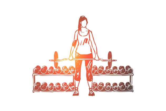 女士穿着运动服的年轻女子正在练习杠铃插图插图锻炼运动