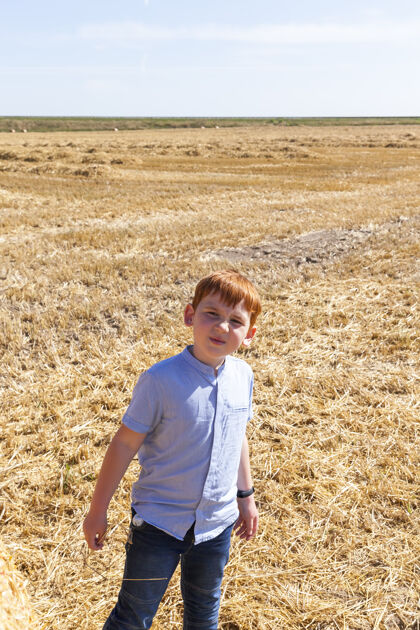 有趣一个红头发的男孩站在地里一堆金色的稻草旁边快乐观察乡村