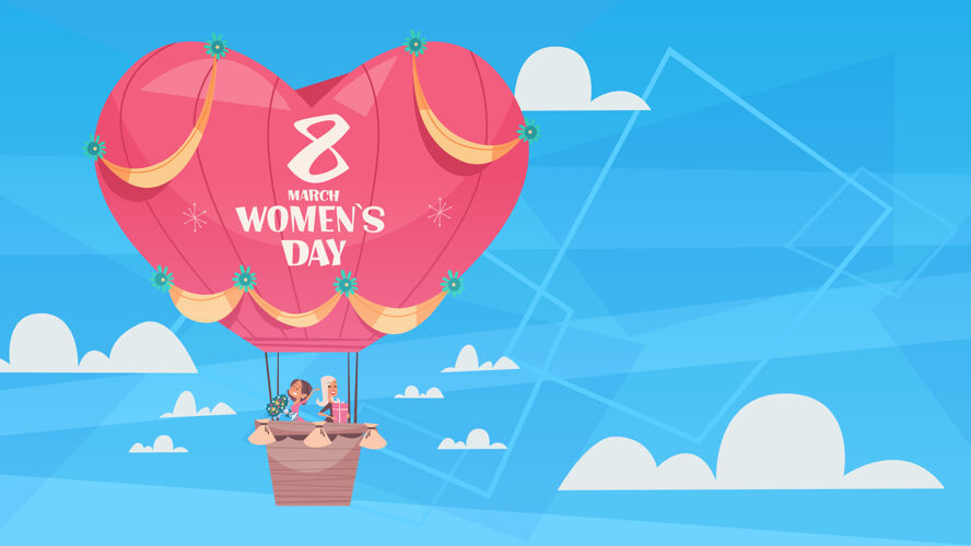 天空快乐女孩热气球飞行妇女节3月8日节日庆祝概念横幅传单或贺卡横向插图庆祝祝贺女性