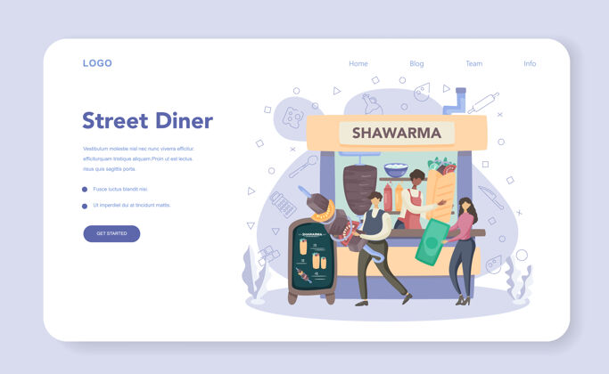 美味沙瓦玛街食品网页横幅或登录页新鲜卡通烤架