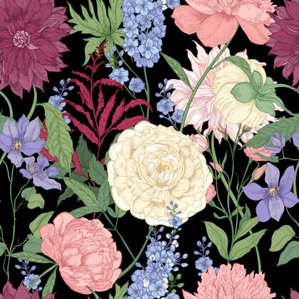 美丽花卉与优雅的花卉和开花植物无缝模式用于花卉手工绘制在黑色背景上云雀花朵绘画