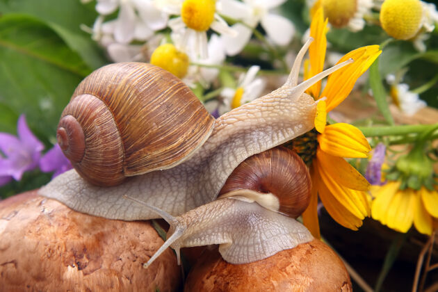 蜗牛葡萄蜗牛爬在蘑菇上动物学慢动物