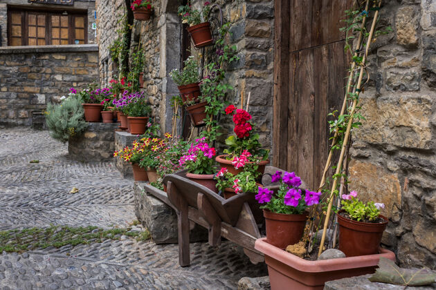 中世纪村庄西班牙艾恩萨村中世纪的带花的石头房子建筑装饰石头房子西班牙
