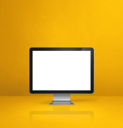 电脑电脑-黄色办公桌背景科技复印空间3d