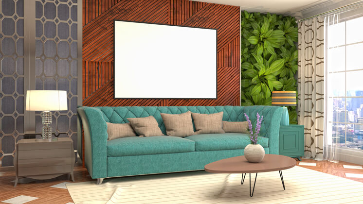 沙发室内插画海报框架客厅空白3d