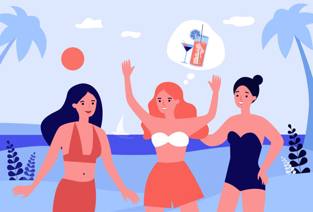 人物一群女朋友计划在热带海滩上的聚会插画女朋友泡泡创意