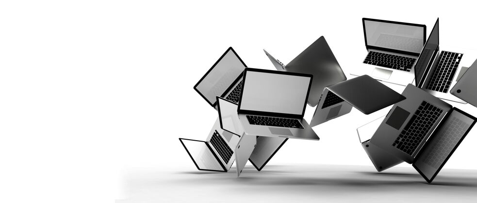 系统一组现代笔记本电脑隔离在白色背景上3d插图计算机Pc金属