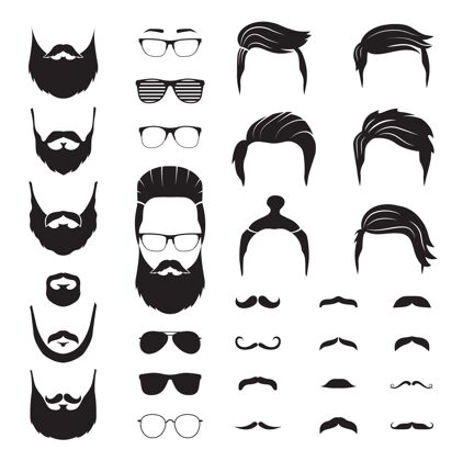 优雅时髦男人男性胡须 胡子头发戴眼镜的孤立男人脸时尚理发店图标年轻太阳镜理发师