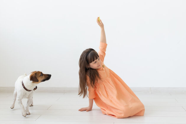 杰克宠物 儿童和狗的概念-小女孩穿着衣服玩小狗享受猎犬小狗