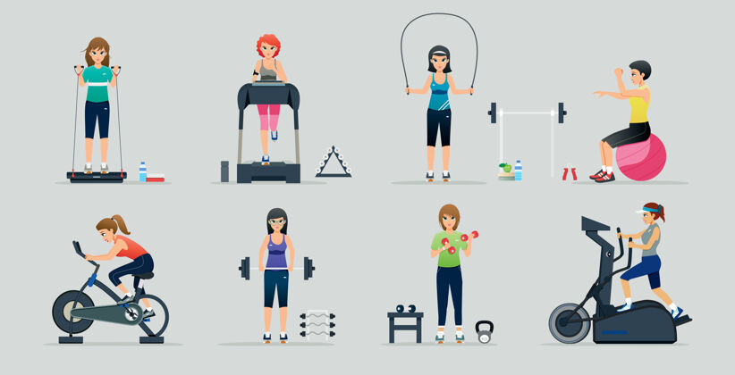 年轻一组妇女使用健身机的插图护理卡通健身