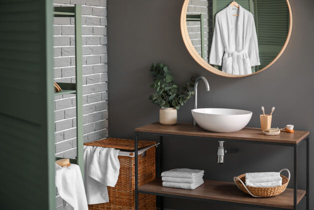 舒适现代时尚浴室的内部家庭支架镜子