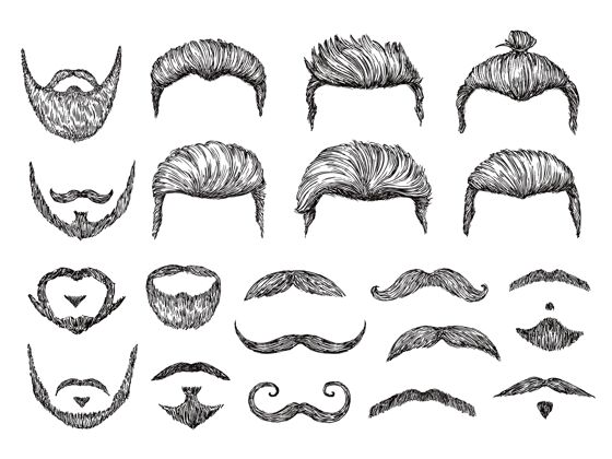 素描男性头发素描胡须 胡子面部元素头时尚剪影