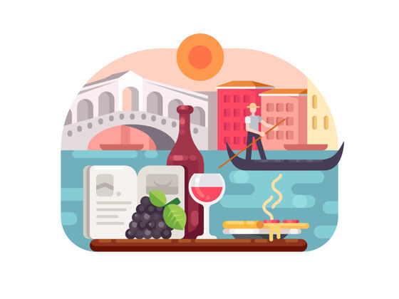 城市景观在意大利度假 葡萄酒和披萨 游泳gondola.vector插图船天空水
