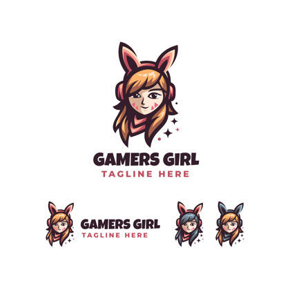 耳机游戏玩家可爱的女孩用现代风格吉祥物标志设计模板极客互联网团队
