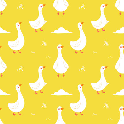 纺织品黄色背景上可爱鹅的无缝图案鹅立场自然