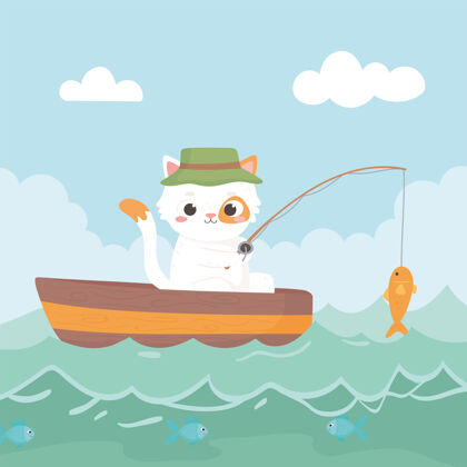欢乐小猫在河里乘船钓鱼水绘画性格
