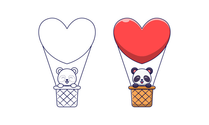 平面可爱的熊猫在热气球卡通彩页为孩子们热气球可爱心