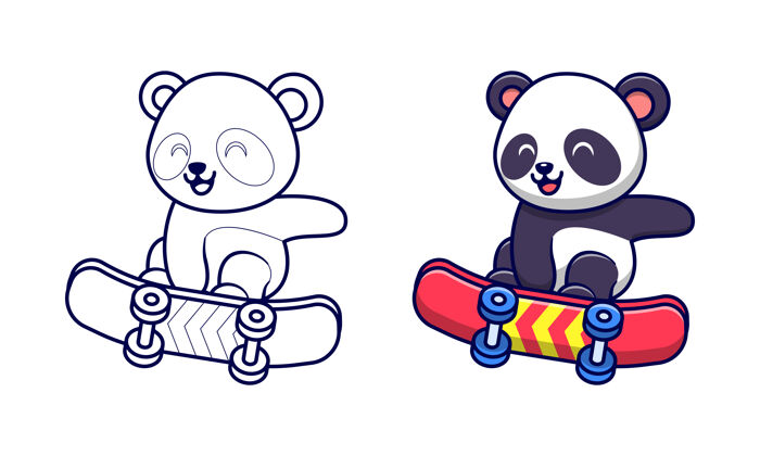 动物可爱的熊猫玩滑板卡通彩页给孩子们卡通人物滑板熊猫