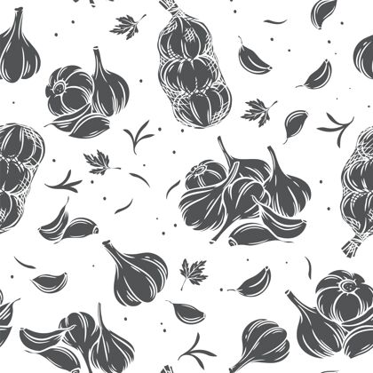 蔬菜大蒜无缝图案单色雕纹孤立蔬菜雕刻风格食品壁纸无缝图案