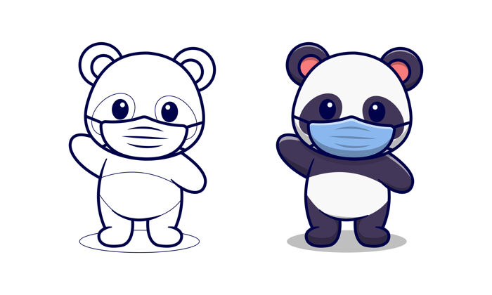 套装可爱的熊猫戴面具卡通彩页给孩子们扁平面具熊猫