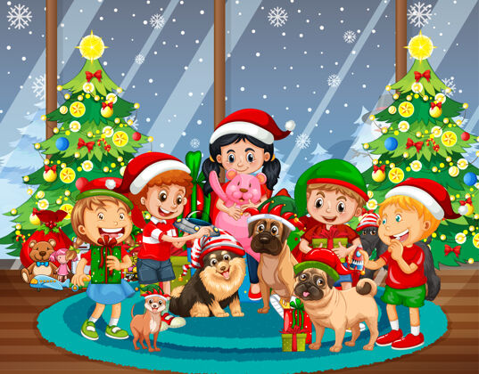 狗圣诞室内场景有很多孩子和可爱的狗快乐女孩房子