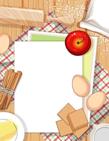视图桌面上的空纸与面包配料元素俯视图烘焙面粉顶部