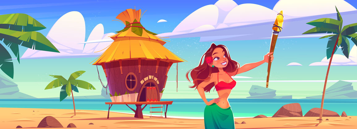 火炬在热带岛屿上 一位年轻女子手持火炬在沙滩上和小屋聚会海岸美丽人物