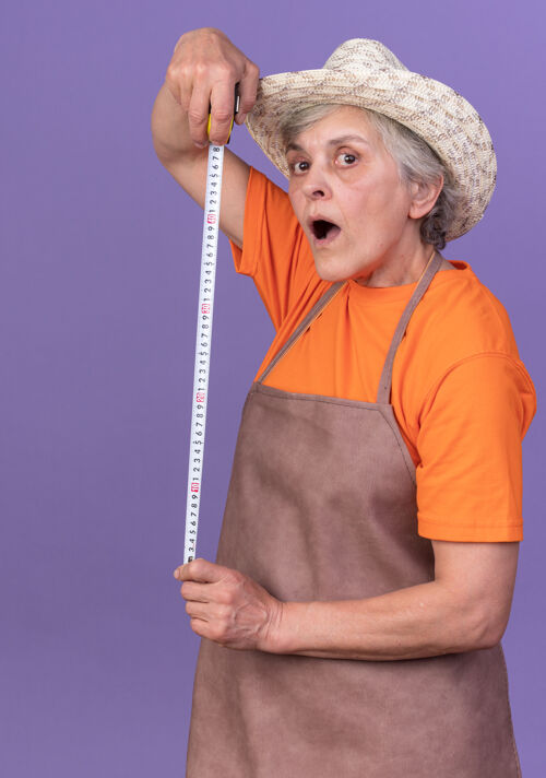 紫色印象深刻的上了年纪的女园丁戴着园艺帽拿着卷尺帽子测量持有