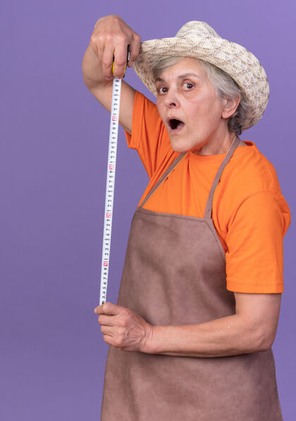 紫色印象深刻的上了年纪的女园丁戴着园艺帽拿着卷尺帽子测量持有