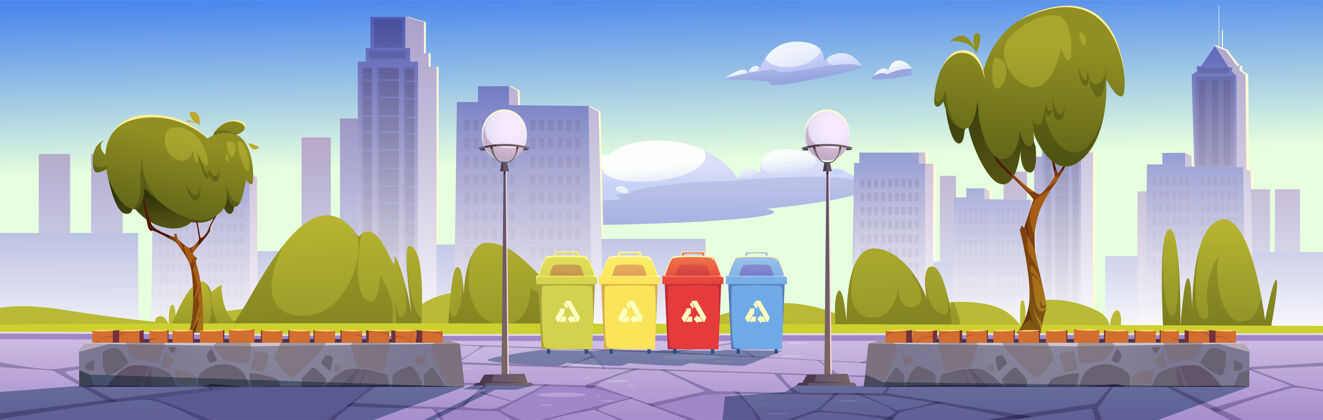草地城市公园设有垃圾回收箱 用于垃圾分类 保护环境排序垃圾桶全景