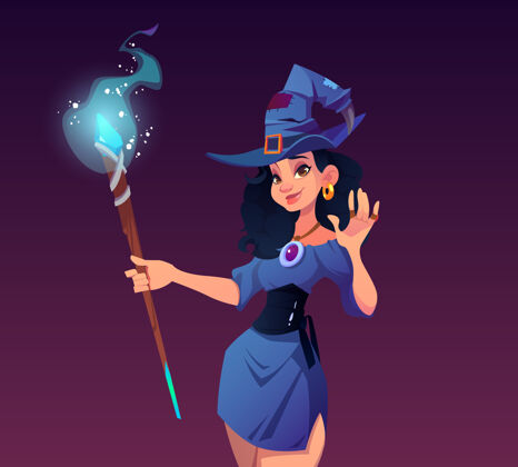 女巫性感的女巫在服装和帽子与魔术棒插图魔术师发光工作人员