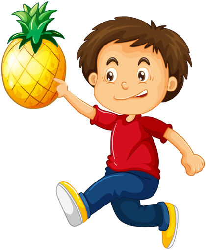 活跃一个男孩拿着菠萝卡通人物隔离在白色小学生感情动作