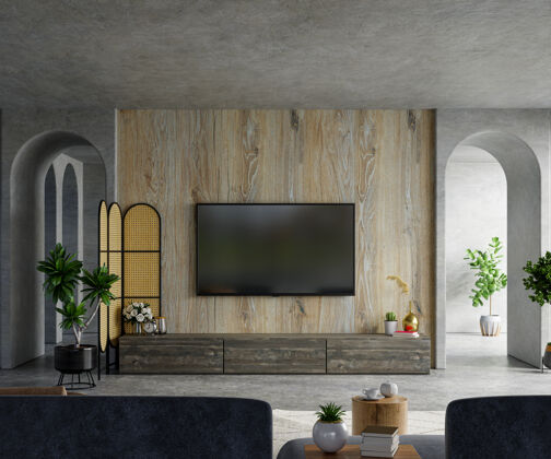 桌子在水泥房里用木制橱柜装电视墙 配有沙发和装饰3d效果图架子统一沙发