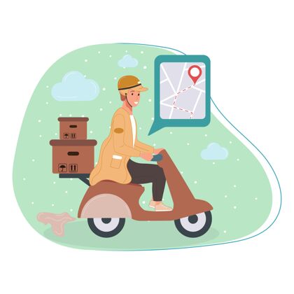 邮件快递员或快递在线服务人员在踏板车上的角色与包裹箱房子家伙邮递员