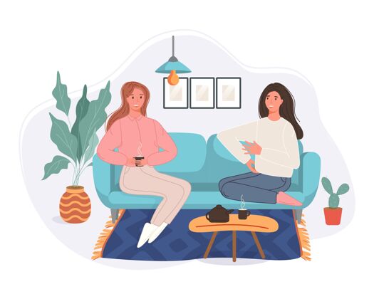 微笑快乐的两个女人坐在沙发上喝着咖啡 在家里聊天微笑的角色一起度过时光朋友聊天快乐